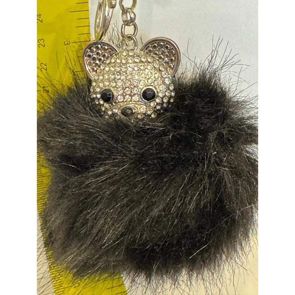 Black Faux Fur Pom Pom Bear Keychain Rhinestone Bag Charm Silver Tone Star Back